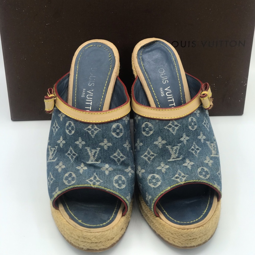 Louis Vuitton Denim Wedge Espadrilles Bow Sandals - Picture 2 of 12